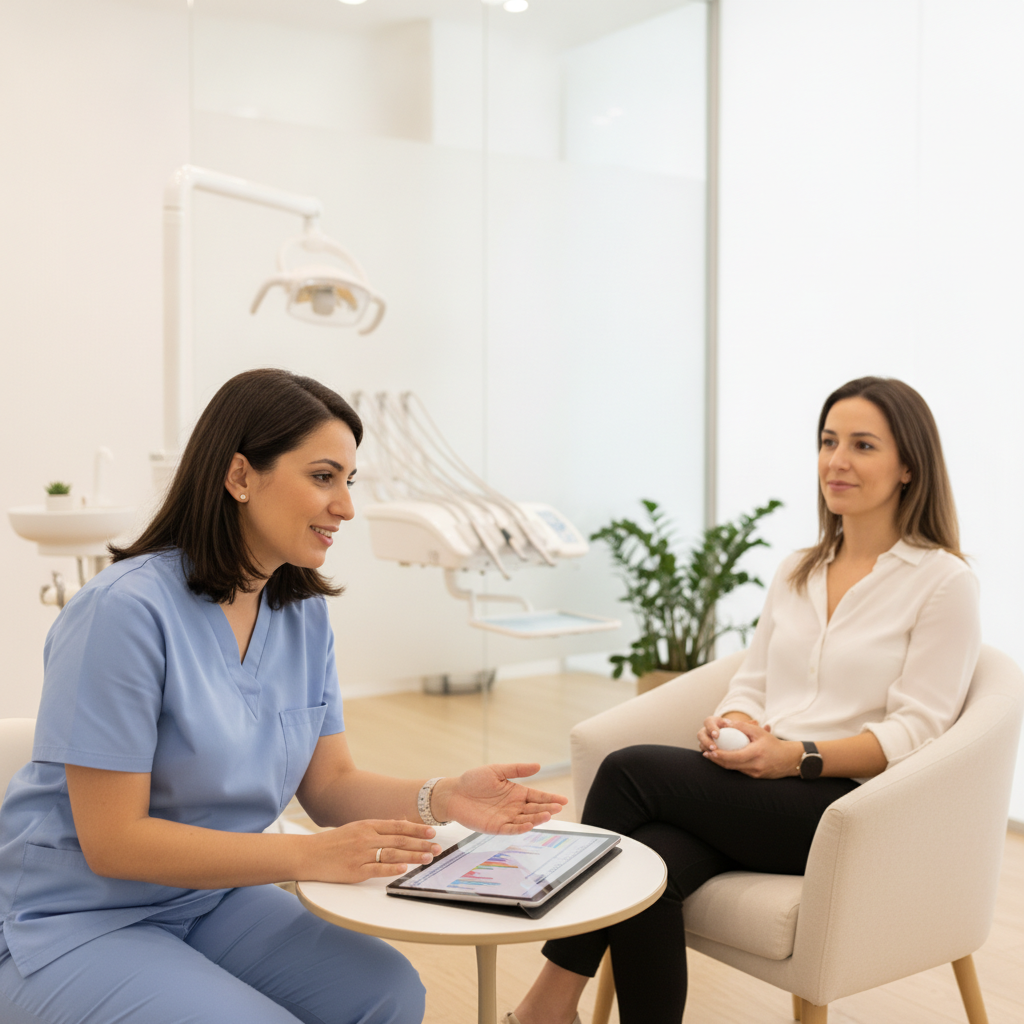 Patient discutant avec le Dr Bouchra Bouslikhane au Cabinet Dentaire Bô Sourire à Rabat Agdal pour un sourire sain