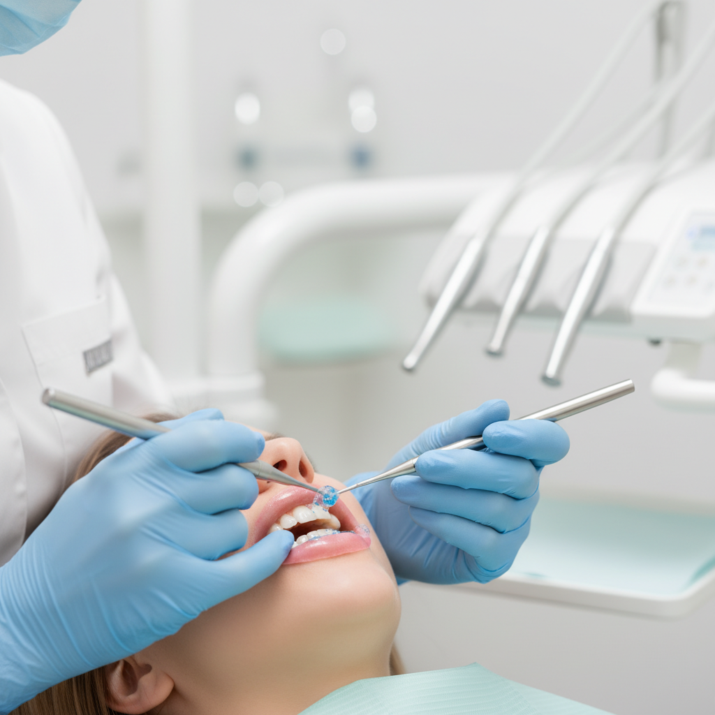 Dentiste appliquant un gel de blanchiment dentaire professionnel sur les dents d'un patient chez Bô Sourire Rabat