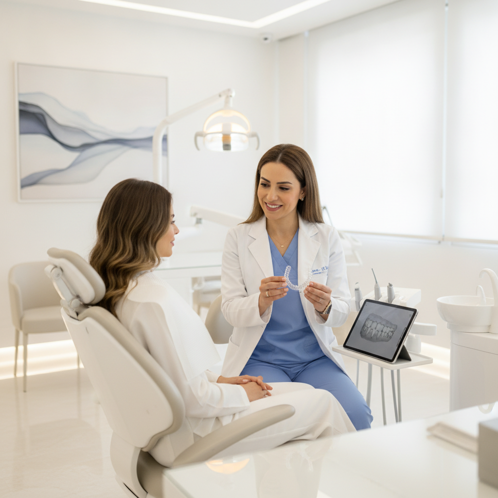 Médecin dentiste Dr Bouchra Bouslikhane expliquant le traitement Invisalign à une patiente au Cabinet Bô Sourire Agdal Rabat