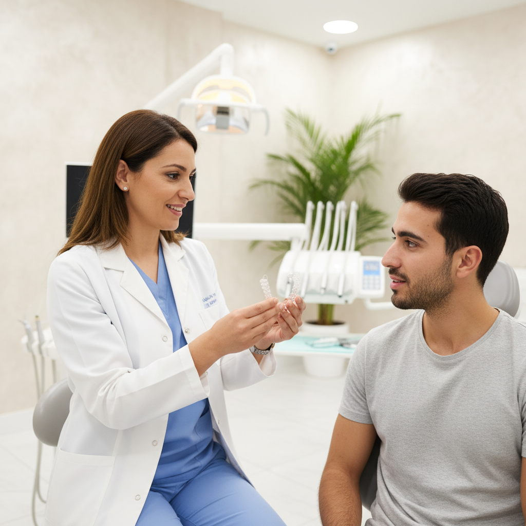 Dr Bouchra Bouslikhane présentant les gouttières Invisalign à la clinique Bô Sourire Rabat