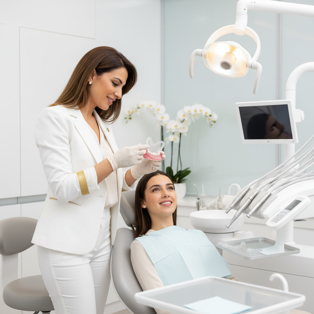 Dr Bouchra Bouslikhane examinant patient avec Invisalign Rabat
