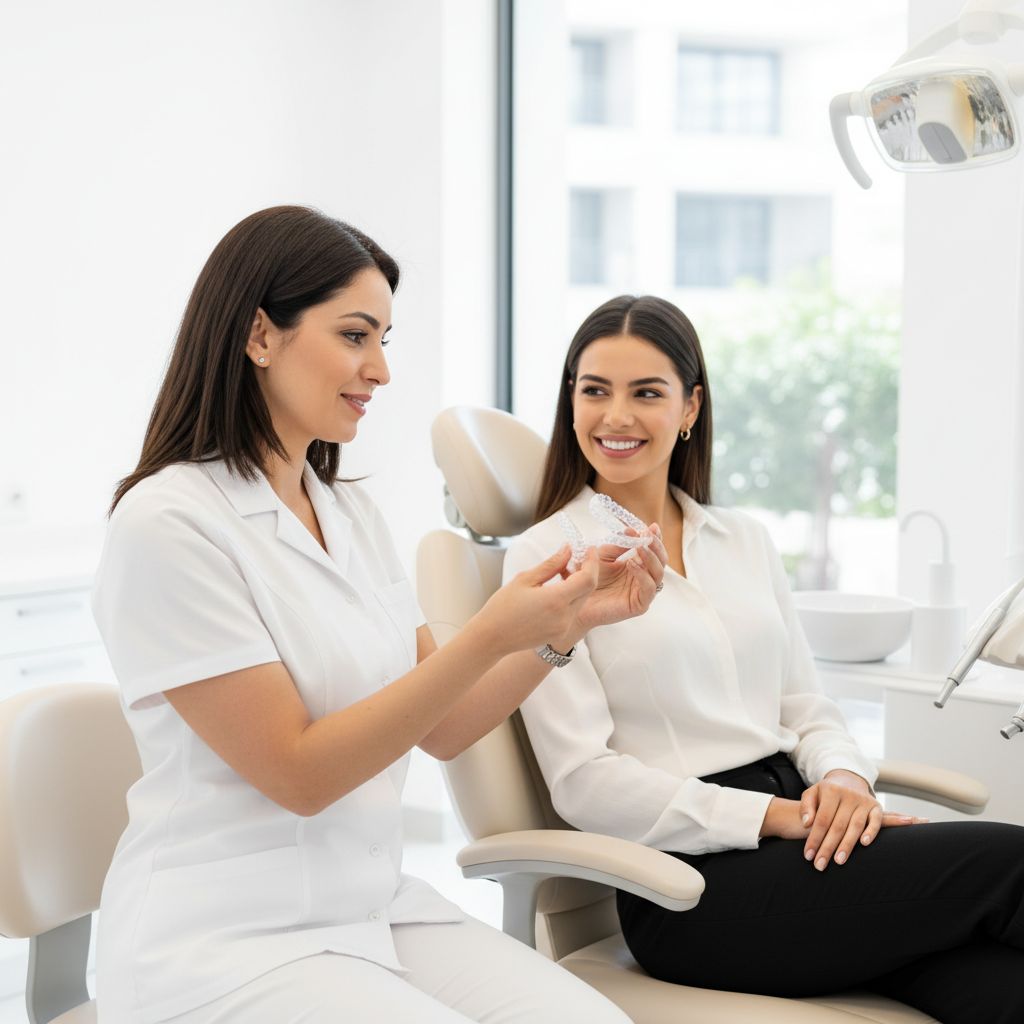 Dr Bouchra Bouslikhane présentant des aligneurs Invisalign à un patient à Rabat