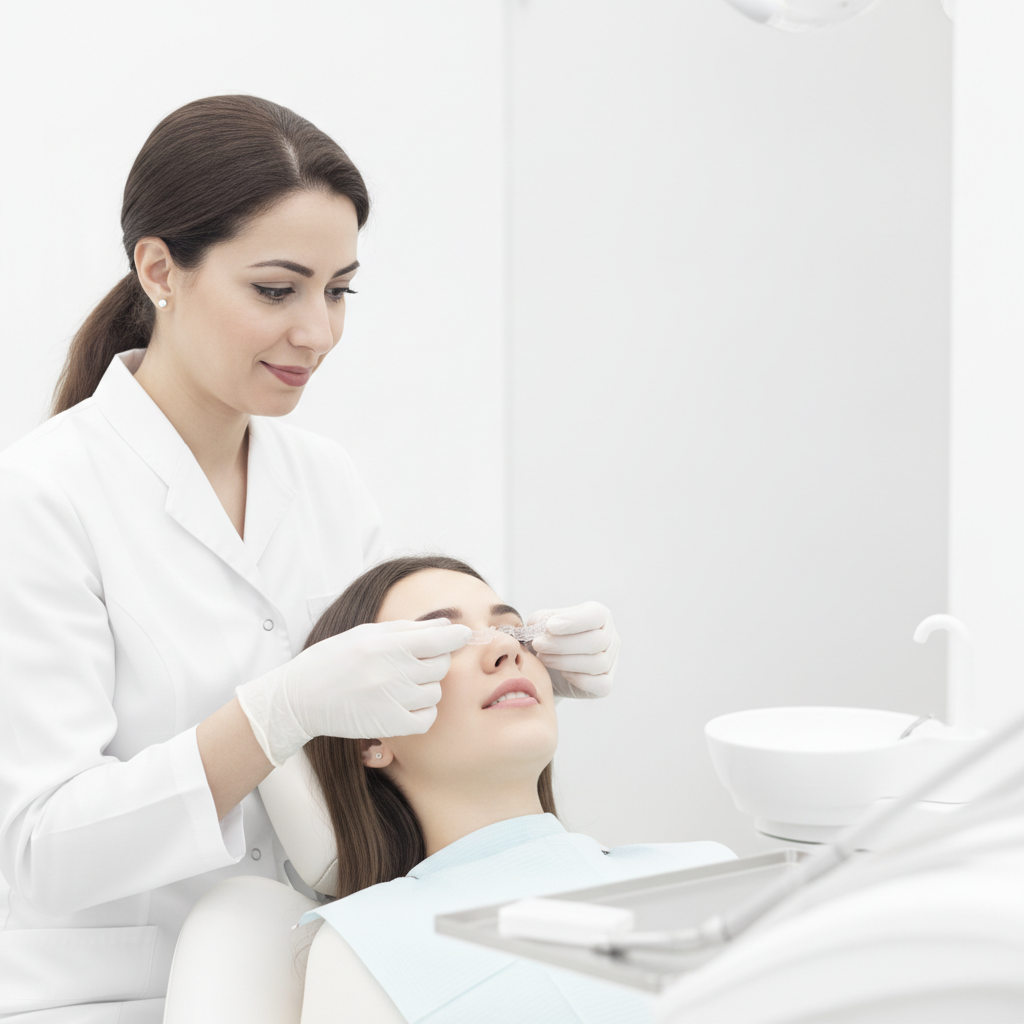 Dr Bouchra Bouslikhane appliquant un traitement orthodontique Invisalign à un patient à Rabat