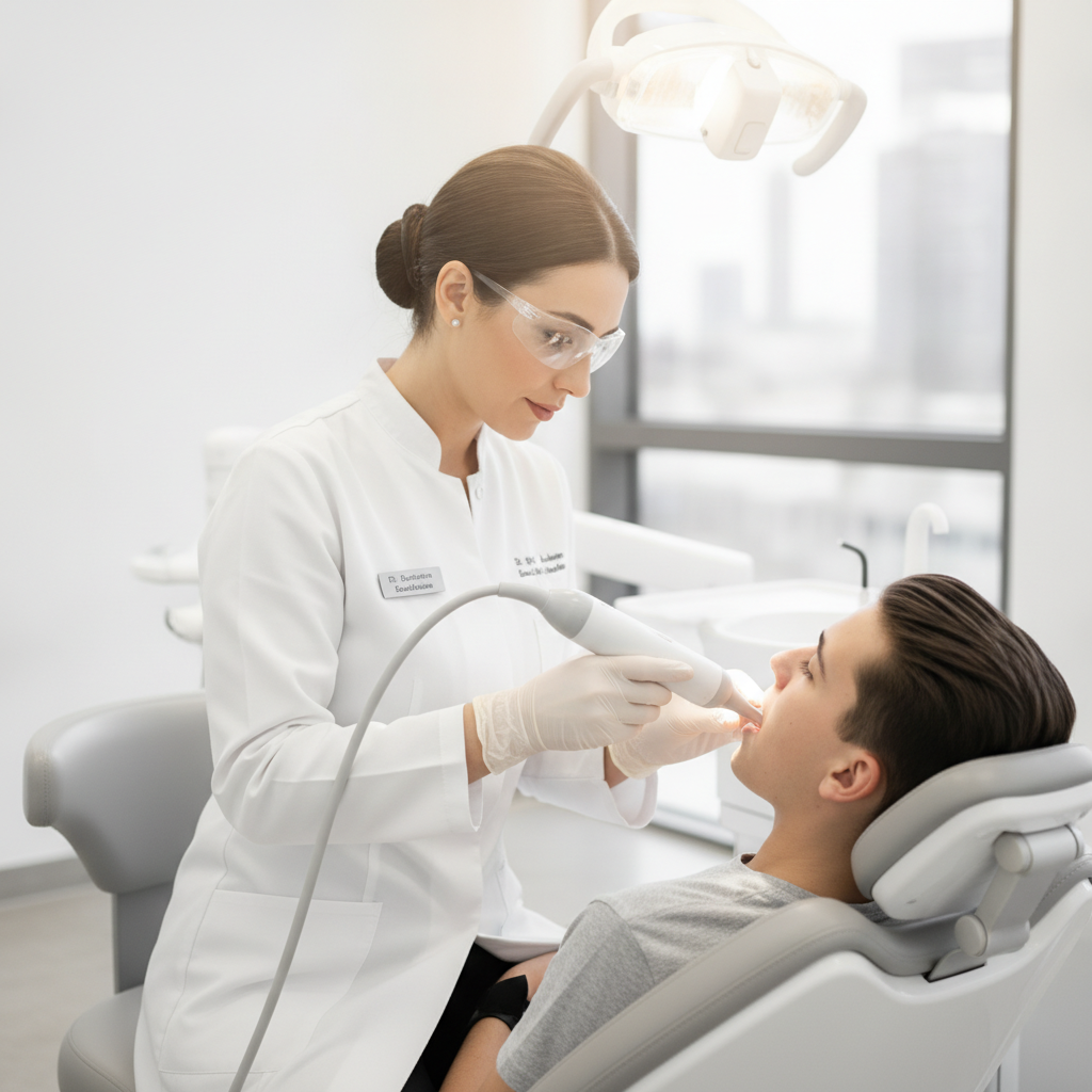 Docteur Bouchra Bouslikhane examinant un patient avec un scanner dentaire pour Hollywood Smile Rabat