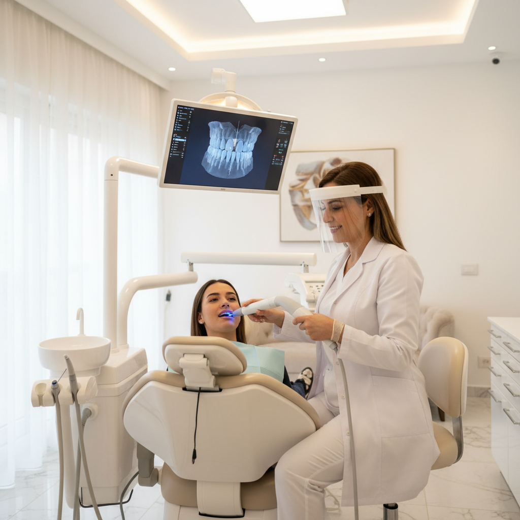 Dr Bouchra Bouslikhane utilisant un scanner dentaire pour un diagnostic précis à Rabat