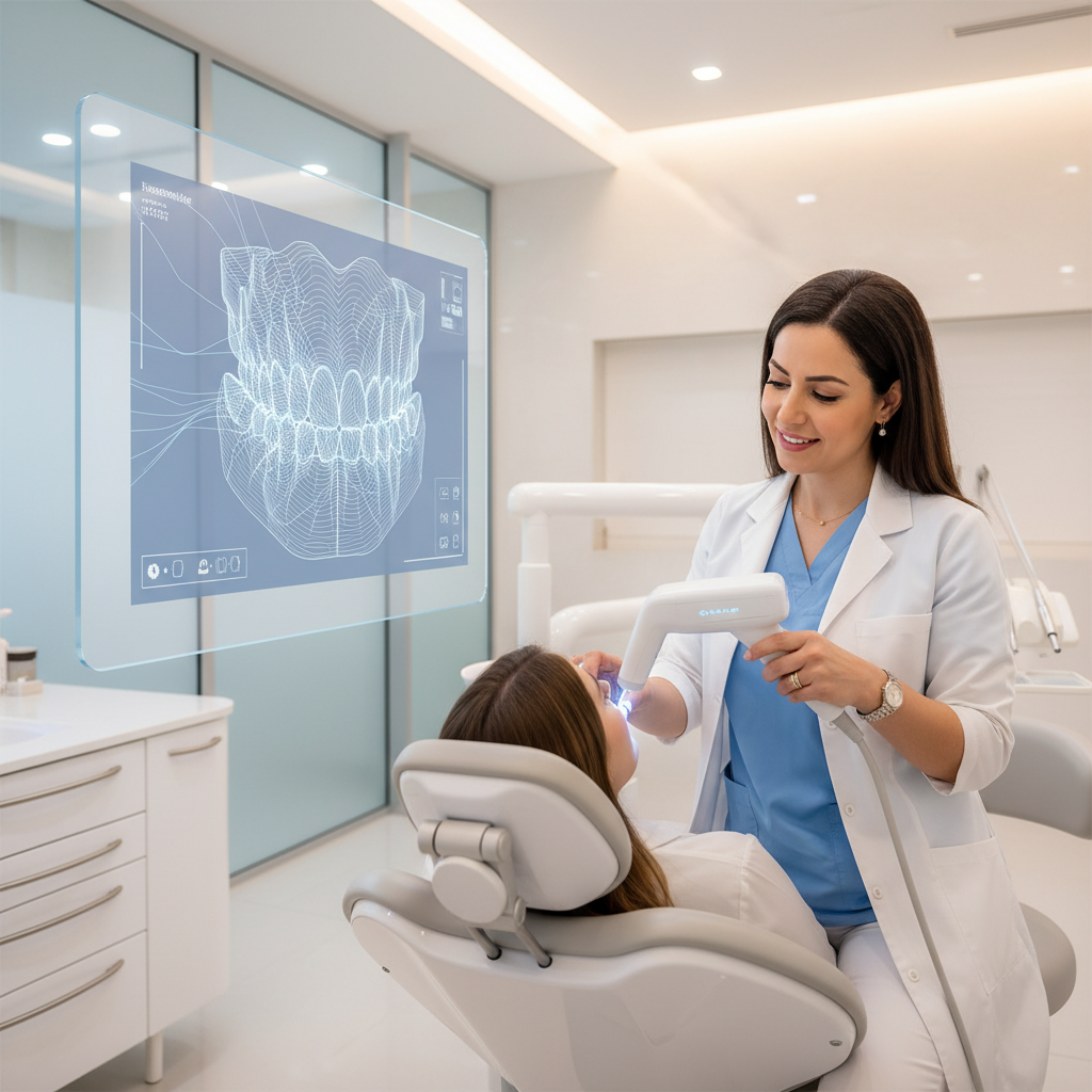 Dr Bouchra Bouslikhane utilisant un scanner dentaire à la clinique Bô Sourire Agdal