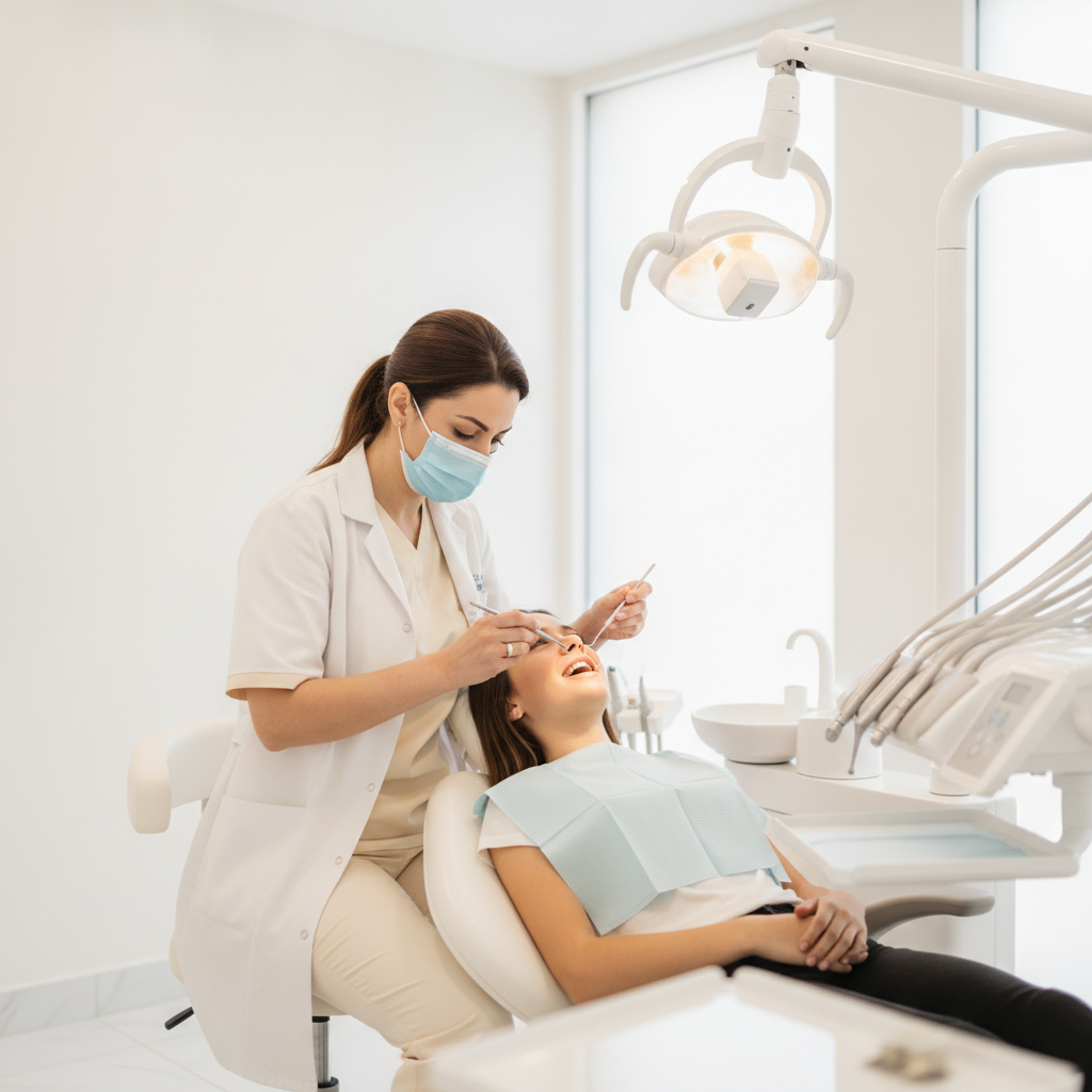 Dr Bouchra Bouslikhane examinant patient pour facettes dentaires ou Invisalign Rabat