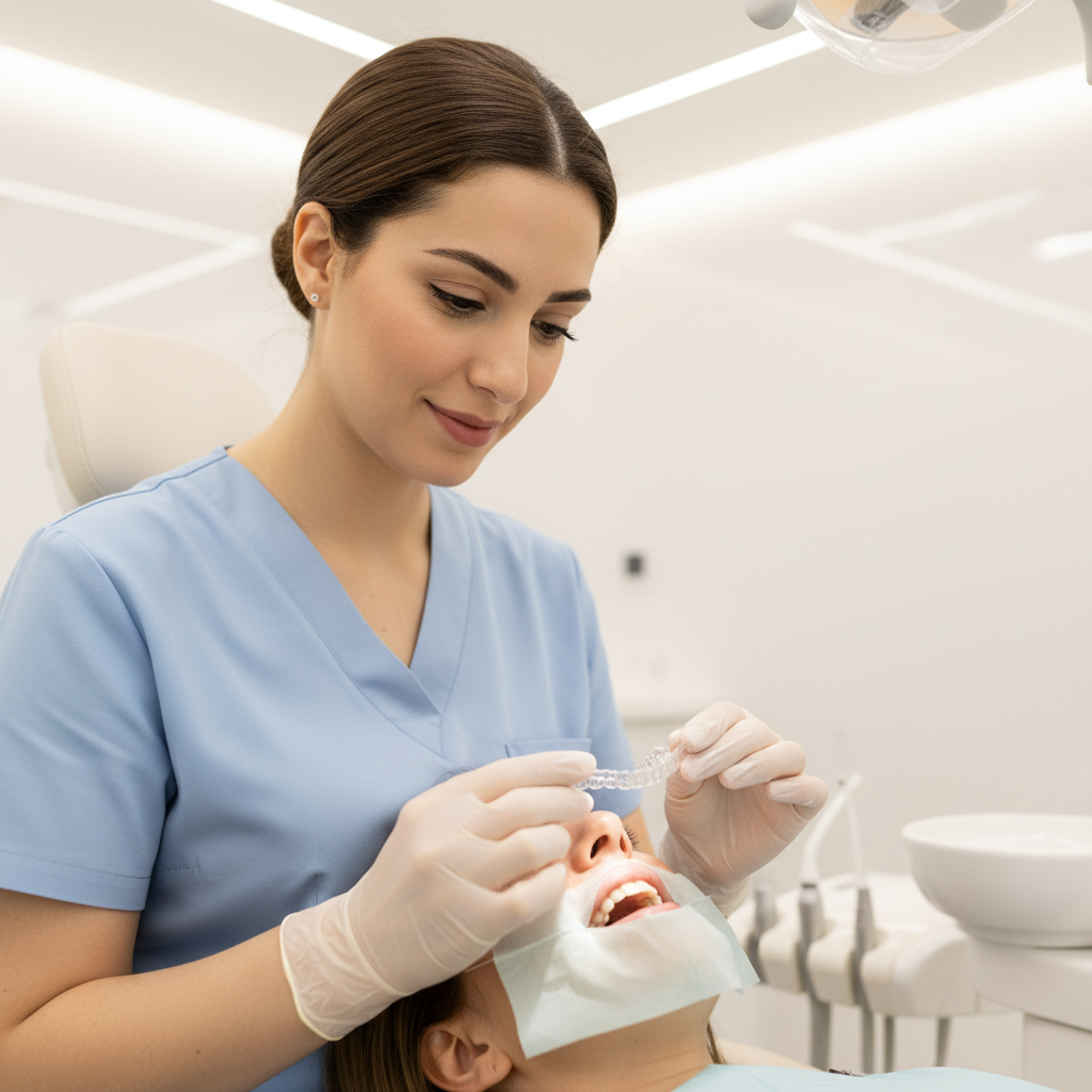 Dr Bouchra Bouslikhane appliquant un traitement Invisalign à la Clinique Bô Sourire Rabat
