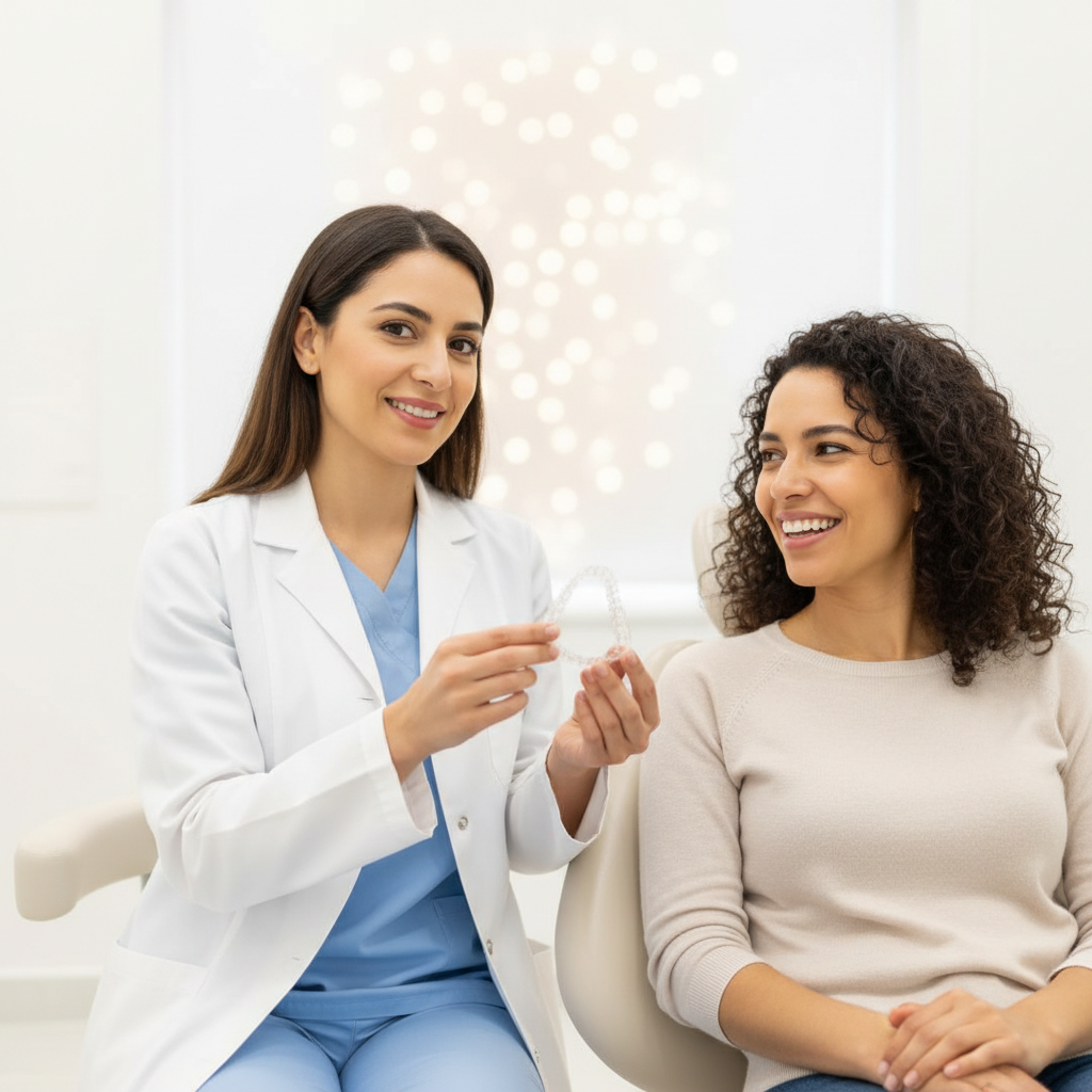 Dr Bouchra Bouslikhane présentant les aligneurs Invisalign à un patient à Rabat