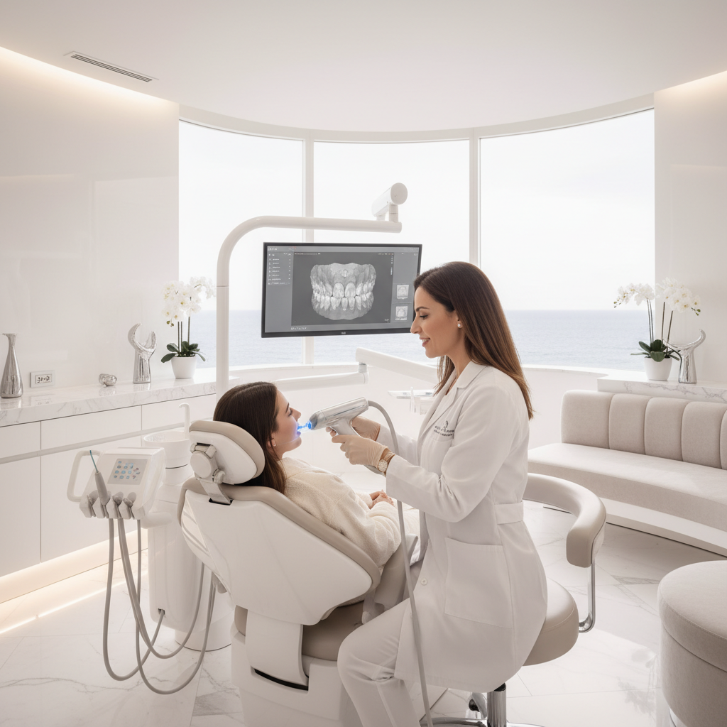 Dr Bouchra Bouslikhane examinant les dents avec un scanner dentaire Clinique Bô Sourire