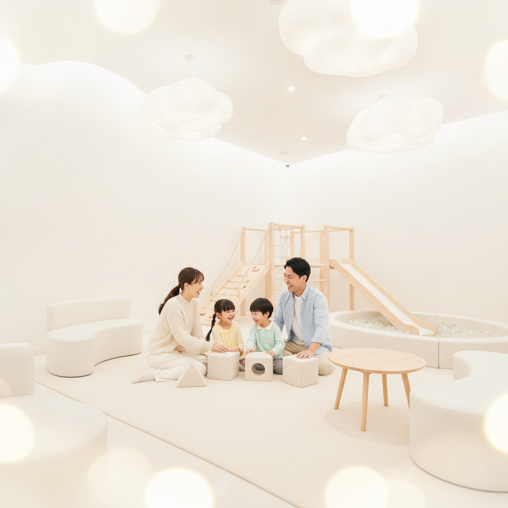 Famille souriante dans l'espace enfants du cabinet dentaire Bô Sourire Rabat