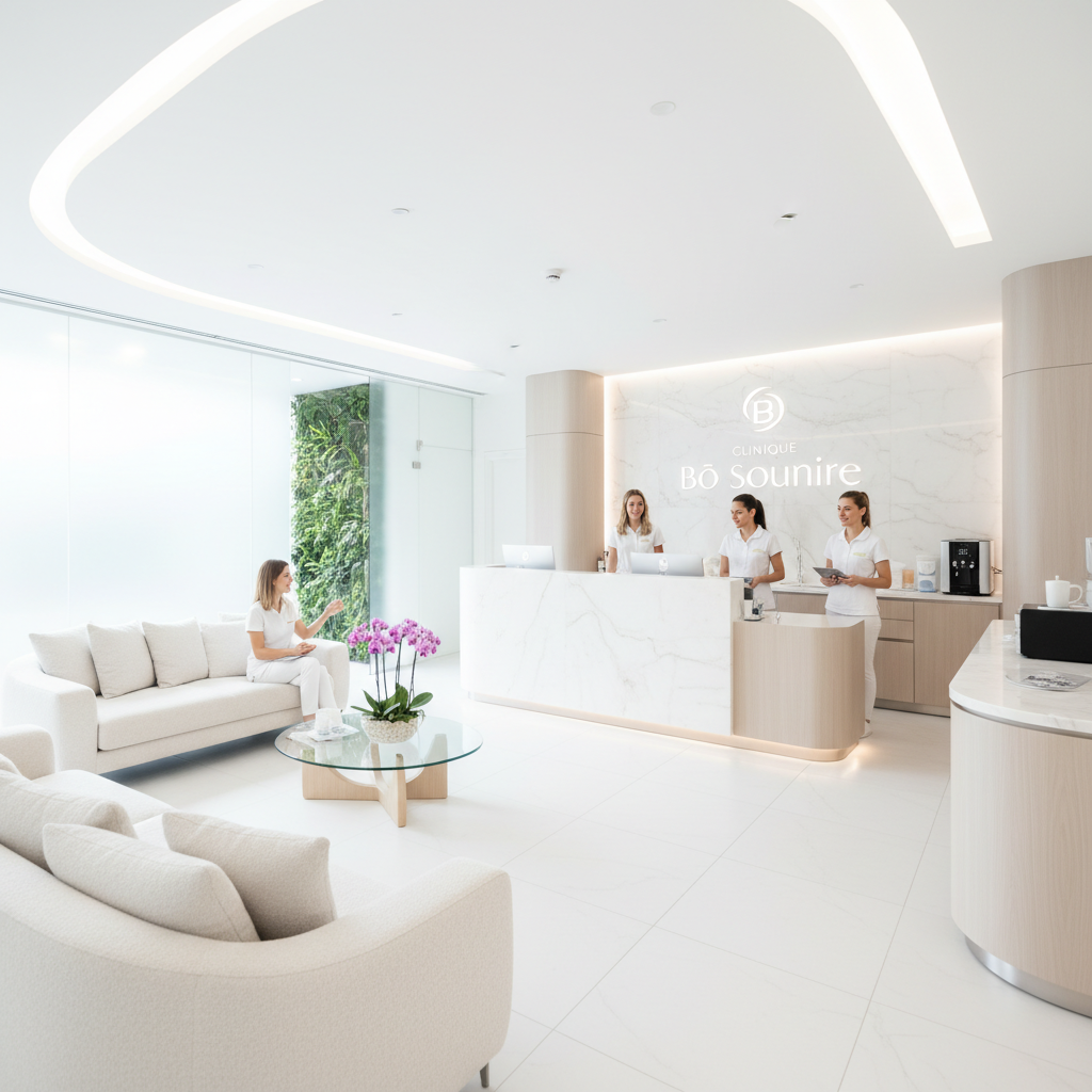 Intérieur moderne de la Clinique Bô Sourire à Rabat Agdal avec équipe souriante