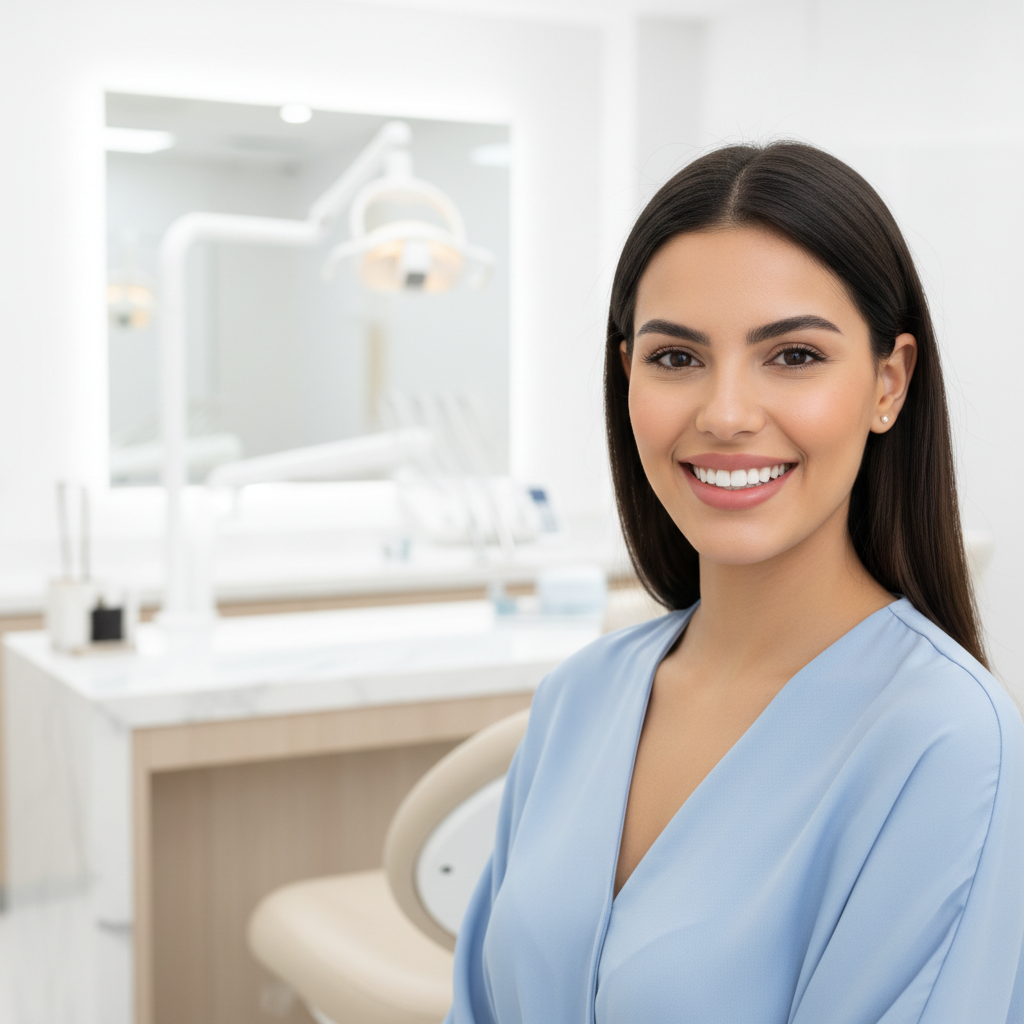 Patiente souriante montrant les résultats d'un traitement Invisalign à la clinique Bô Sourire Rabat