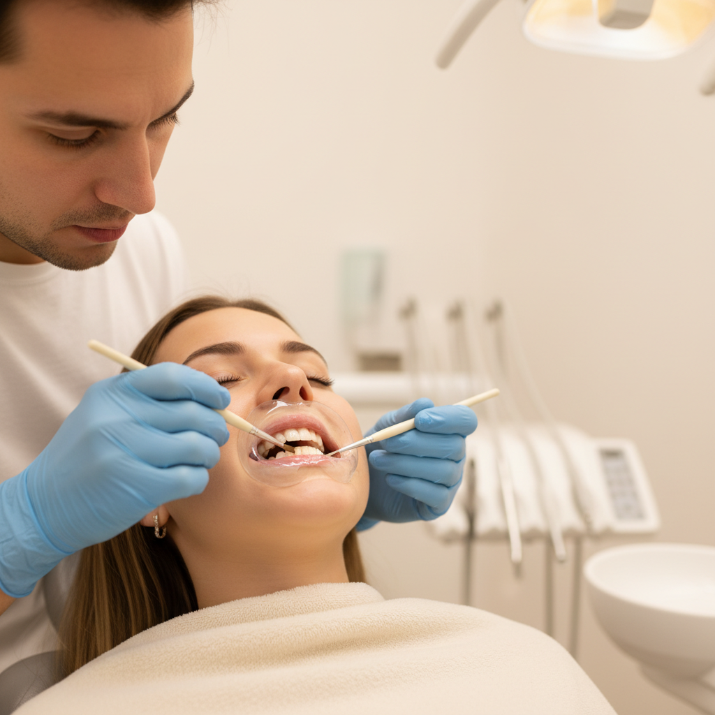 Dentiste appliquant un traitement désensibilisant sur les dents d'un patient à la clinique Bô Sourire